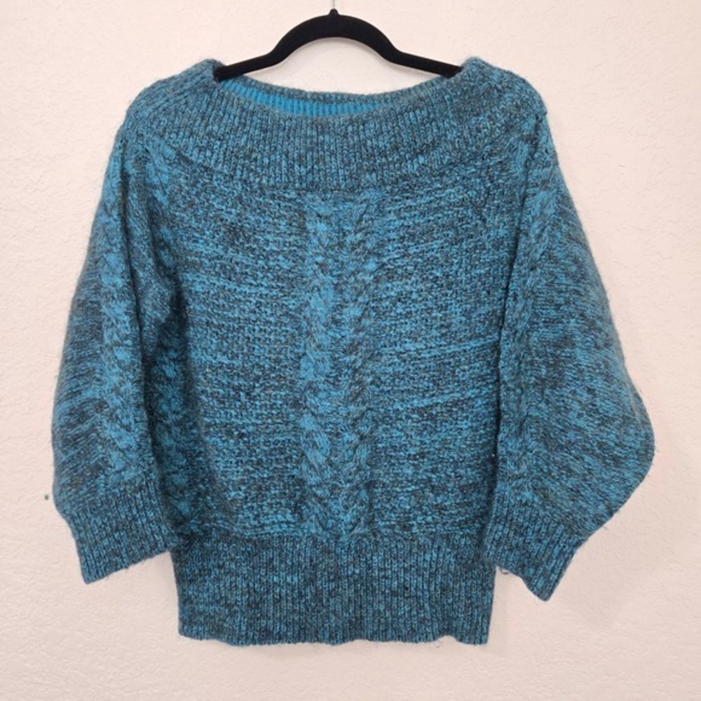 Sleeping on Snow Anthropologie Cable Knit Sweater S Teal Blue Boat Neck Knitwear
